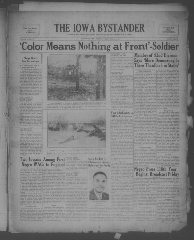 Contents include but are not limited to war and military affairs, African American community news, civil rights and race relations, religious and church life, editorials and opinion, social and cultural activities, advertisements and commercial notices, and legal and public notices, and other topics.