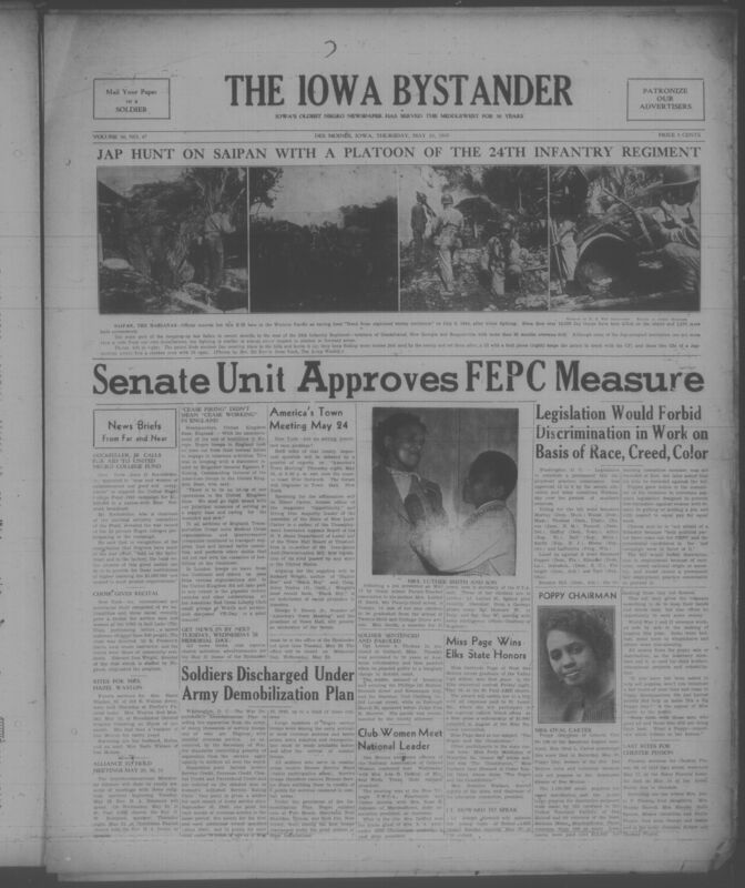 Contents include but are not limited to World War II military reporting, civil rights and anti‑discrimination legislation, African American community and religious life, social and fraternal organization activities, editorial commentary, personal notices, and advertisements, and other topics.