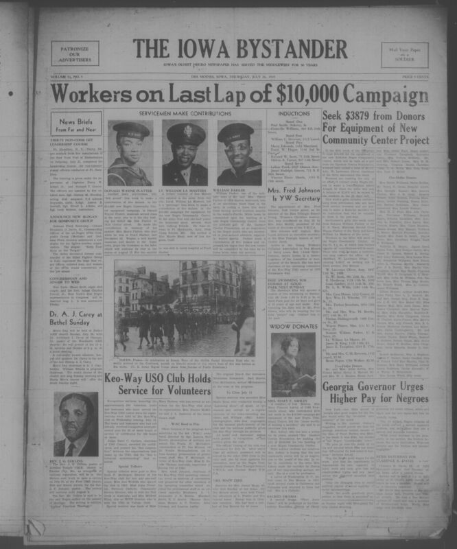 Contents include but are not limited to workers on last lap of $10,000 campaign, Mrs. Fred Johnson is YW secretary, keo-way USO club holds service for volunteers, georgia governor urges higher pay for african americans, and other topics