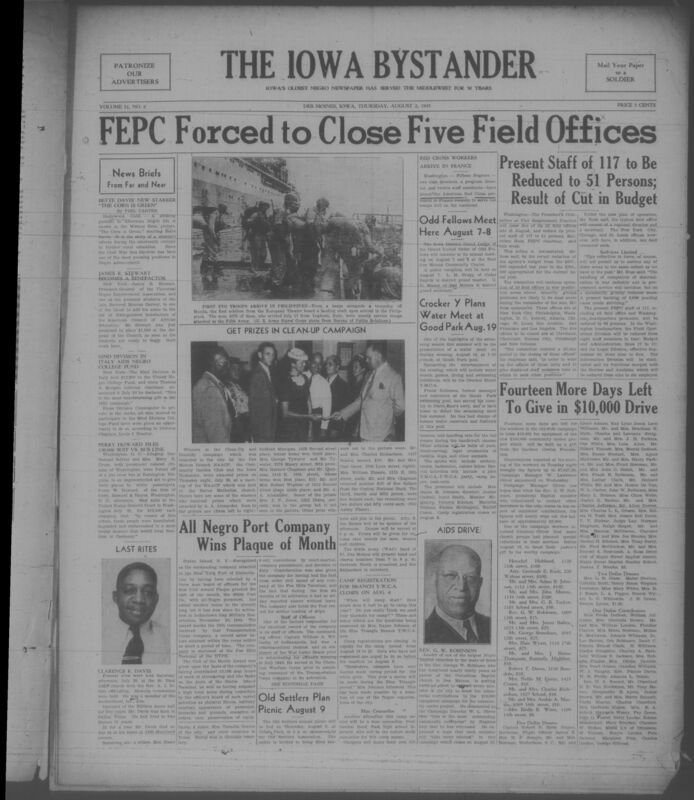 Contents include but are not limited to FEPC forced to close five field offices, odd fellows meet here august 7-8, Crocker Y plans water meet at good park august 19th, all black port company wins plaque of the month, and other topics