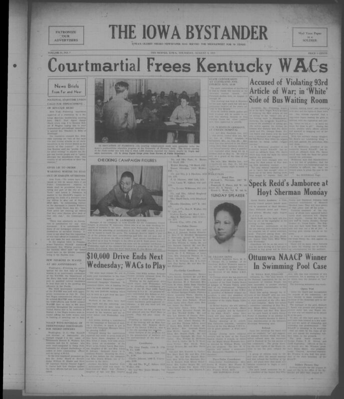 Contents include but are not limited to courtmartial frees kentucky WACs, Ottumwa NAACP winner in swimming pool case, Speck Redd's jamboree at Hoyt Sherman monday, and other topics