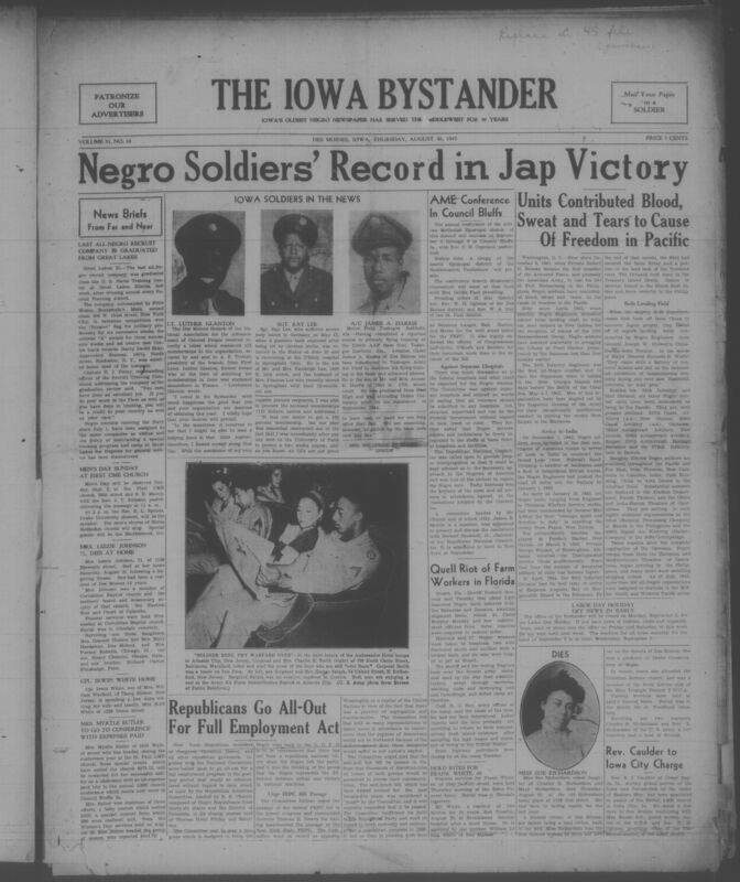 Contents include but are not limited to african american soldiers' record in japanese victory, AME conference in Council Bluffs, relublicans go all out for full employment act, quell riot of farm workers in florida, and other topics