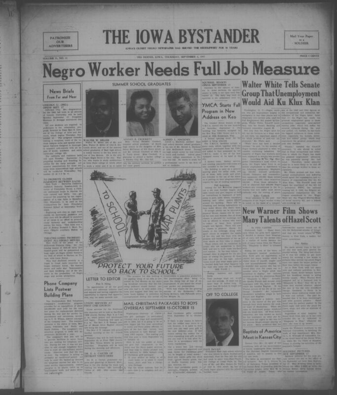 Contents include but are not limited to black worker needs full job measure, walter white tells senate that unemployment would aid ku klux klan, new warned film s hows many talents of Hazel Scott, phone company lists postwar building plans, baptists of america meet in kansas city, and other topics