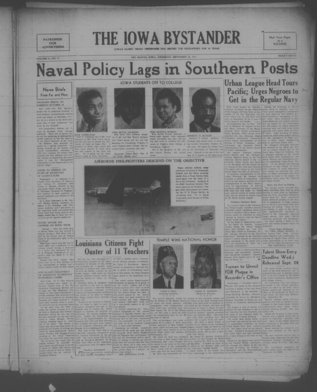 Contents include but are not limited to naval policy lags in southern posts, louisiana citizens fight ouster of 11 teachers, truman to unveil FDR plaque in recorders office, temple wins national honor, and othre topics.