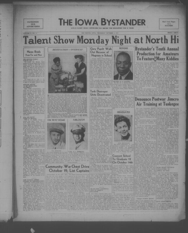 Contents include but are not limited to talent show monday at north hi, gary pupils walks out because of african americans in school, tank destroyer units deactivated, denounce postwar jimcro air training at tuskegee, and other topics
