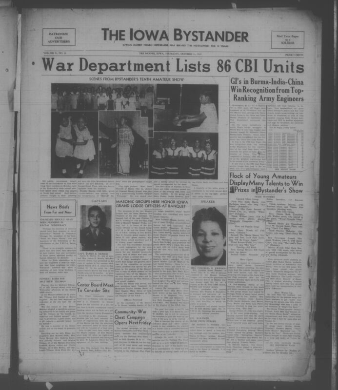 Contents include but are not limited to war department lists 86 CBI units, flock of young amateurs display many talents to win prizes in bystander show, center board meet to consider site, community-war chest campaign opens next friday, and other topics