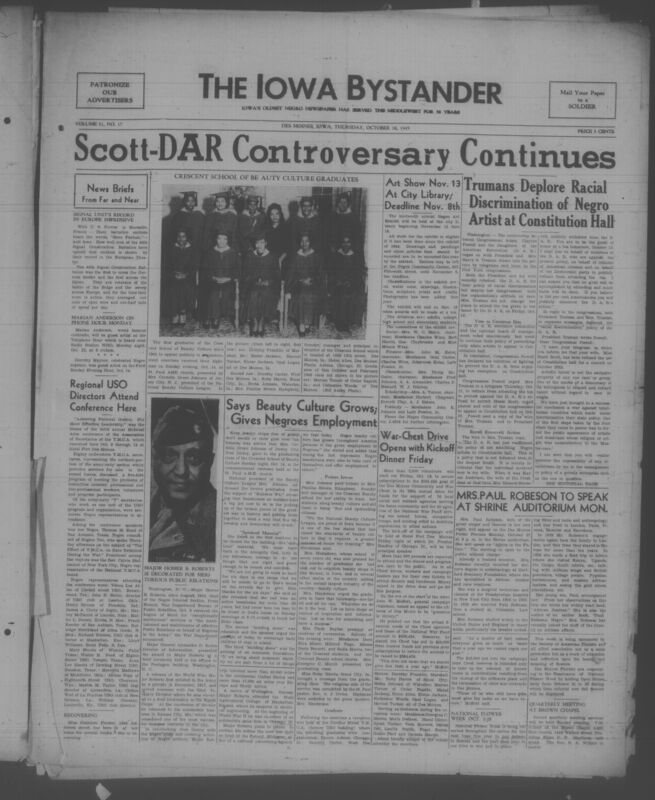 Contents include but are not limited to Scott-DAR controversy continues, Trumans deplore racial discrimination of black art at constitution hall, regional USO directors attend conference here, Mrs, Paul Robeson to speak at shrine auditorium monday, and other topics