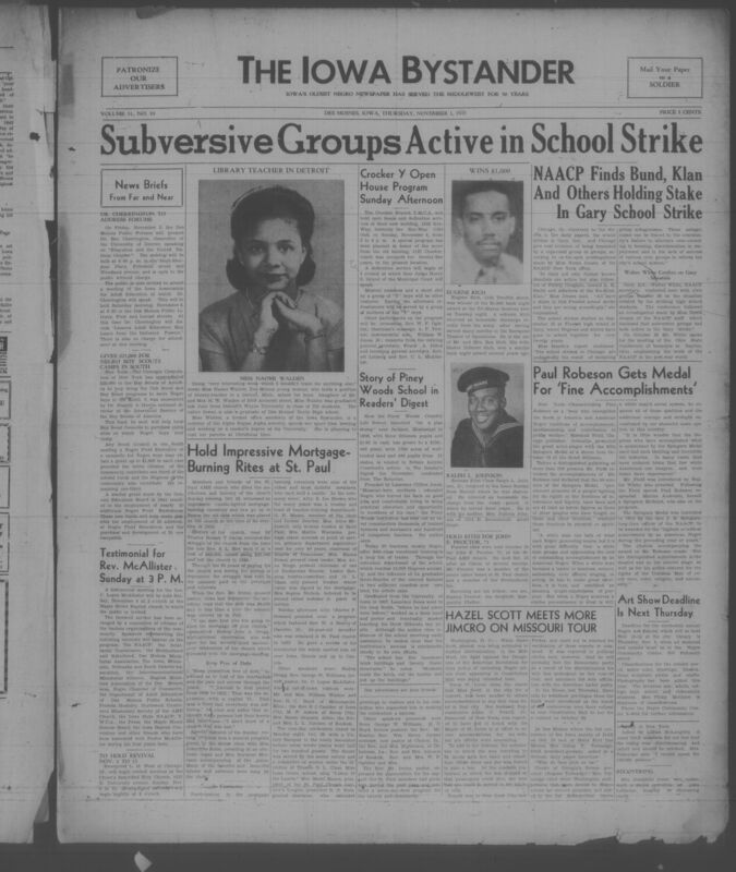 Contents include but are not limited to NAACP finds bund, klan and others holding stake in gary school strike, crocker Y open house program sunday afternoon, story of piney woods school in readers digest, Paul Robeson gets medal for 'fine accomplishments', and other topics