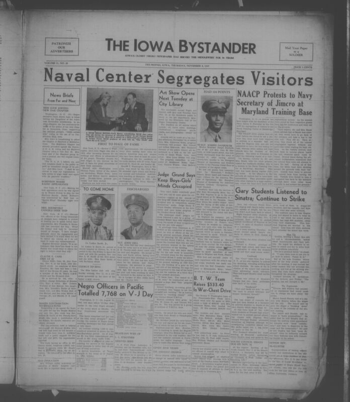 Contents include but are not limited to naval center segregates visitors, art show opens next tuesday at city library, Judge Grund says keep boys-girls' minds occupied, gary students listened to Sinatra, continue to strike, black officers in Pacific totaled 7,768 on V-J day, and other topics