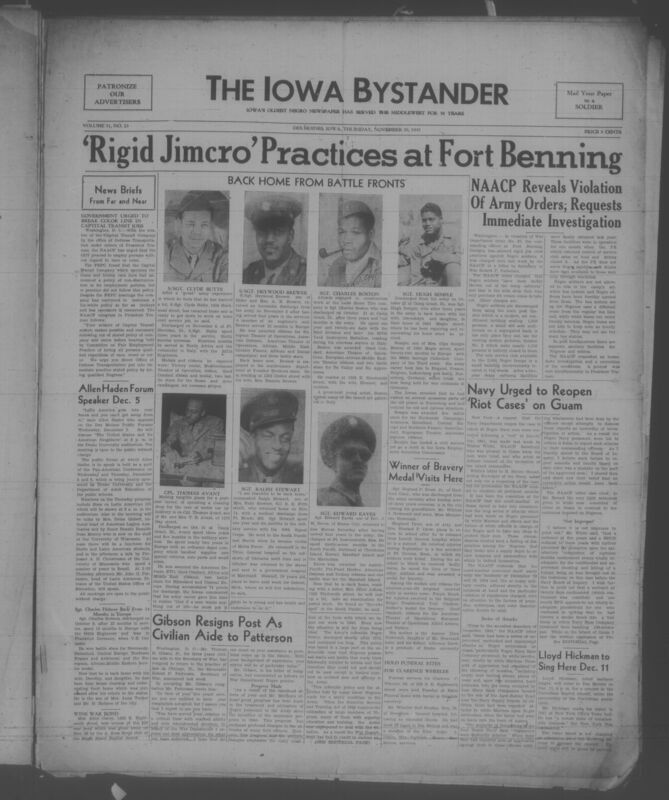 Contents include but are not limited to NAACP reveals violation of army orders; requests immediate investigation, navy urged to reopen 'riot cases' in Guam, winner of bravery medal visits here, Gibson reigns post as civilian aide to Patterson, and other topics