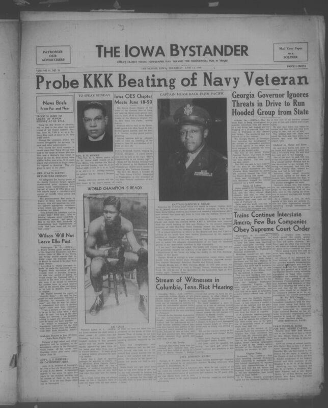 Contents include but are not limited to civil rights and racial justice issues, political and legal affairs, military and veterans’ news, community and church life, sports and cultural coverage, education and social services, business and classified advertising, personal notices, and editorial commentary, and other topics.