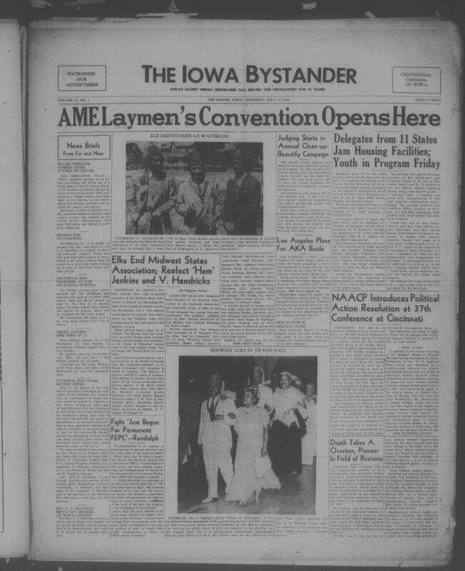Contents include but are not limited to local and national news reporting, civil rights and political advocacy, fraternal and civic organization activities, religious and church affairs, community and social life coverage, sports and recreational news, editorial commentary, and Iowa centennial historical features, and other topics.