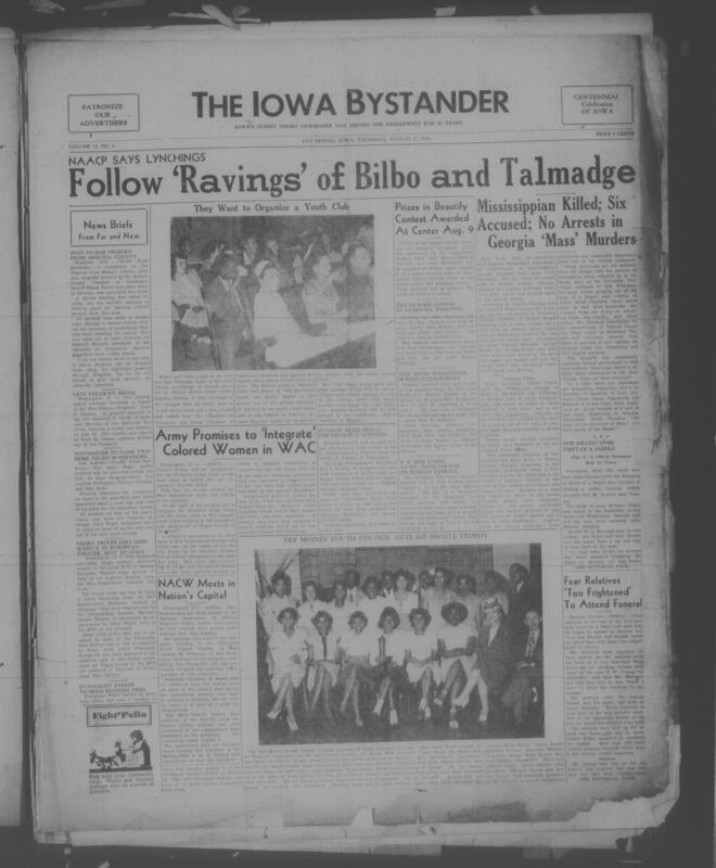 Contents include but are not limited to national and international news, civil rights advocacy and racial violence, local Iowa community news, religious and church life, social and personal announcements, editorials and opinion columns, culture and entertainment, women and home features, sports coverage, and advertising and legal notices, and other topics.