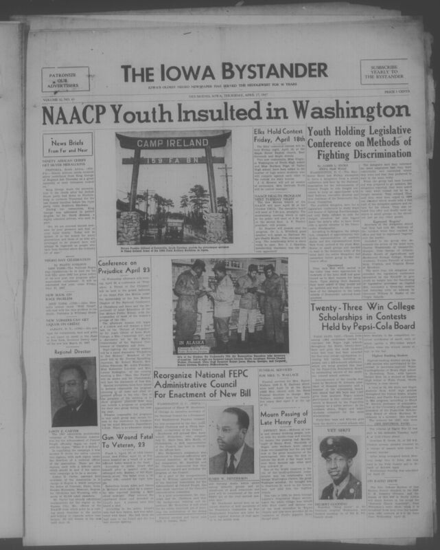 Contents include but are not limited to NAACP youth insulted in Washington, elks hold contest friday april 18th, youth holding legislative conference on methods of fighting discrimination, conference on prejudice april 23rd, reorganize national FEPC administrative council for enactment of new bill, and other topics
