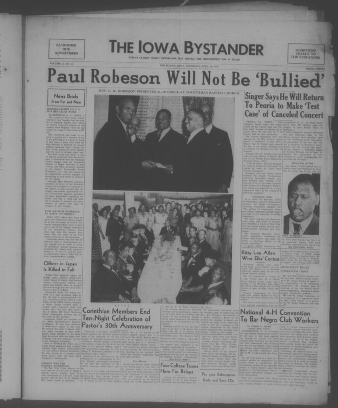 Contents include but are not limited to Paul Robeson will not be 'bullied', singer says he will return to Peoria to make 'test case' of canceled concert, officer in japan is killed in fall, Kitty Lou Allen wins elk's contest, Corinthian members end ten-night celebration of pastor's 30th anniversary, and other topics
