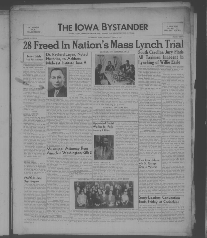 Contents include but are not limited to 28 men freed in nation's mass lynch trial, Dr. Raycord Logan to adress midwest institute june 2nd, appointed social worker for polk country office, missisippi attourney runs amuck in Washington, kills 2, and other topics