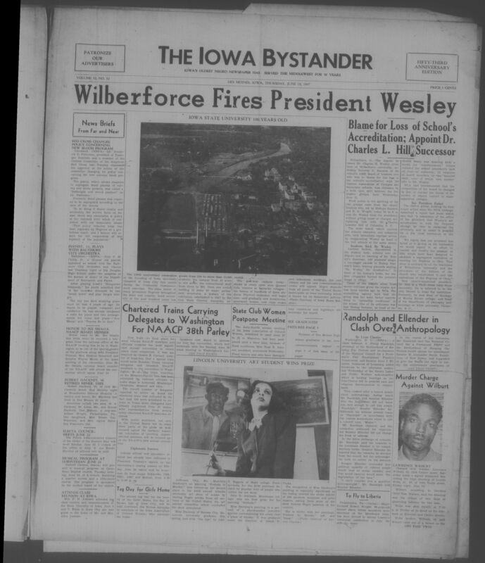 Contents include but are not limited to Wilberforce fires president Wesley, chartered trains carrying delegates to Washington for NAACP 38th parley, Randolph and Ellender in clash over anthropology, murder charge against Wilbert, and other topics