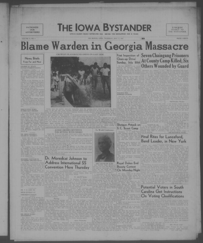 Contents include but are not limited to blame warden for in Georgia massacre, first inspection of clean-up drive sunday July 20th, shotgun attack on S.C. scout camp, Dr Mordecai Johnson to address international SS convention thursday, and other topics