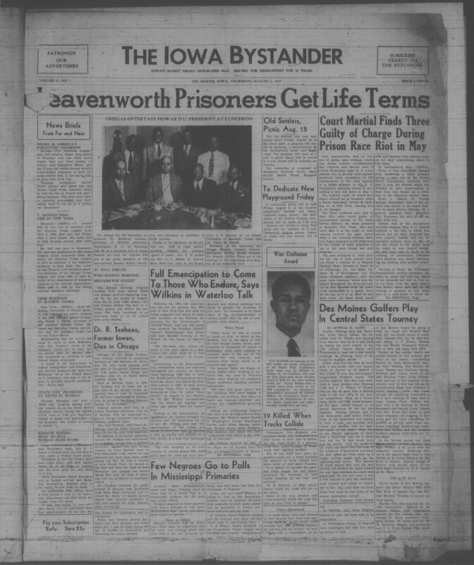 Contents include but are not limited to Leavenworth prisoners get life terms, old settlers picnic august 15th, full emancipation to come to those who endure, says wilkins in Waterloo talk, Des Moines golfers play in central states tourney, and other topics