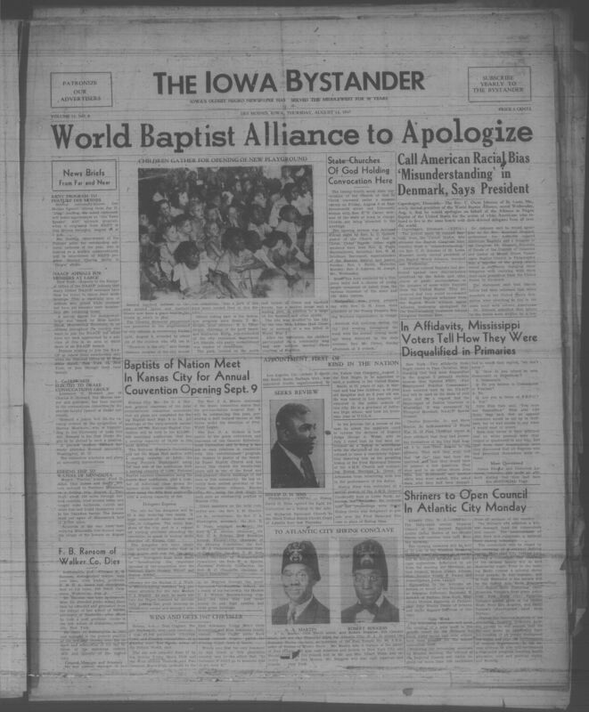 Contents include but are not limited to World Baptist Alliance to apologize, state churches of god holding convocation here, baptists of nation meet in kansas city for annual convention opening September 9th, shriners to open council in atlantic city monday, and other topics