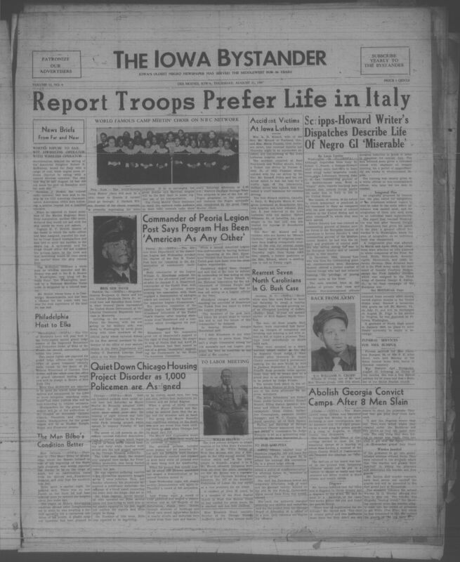 Contents include but are not limited to report troops prefer life in Italy, accident victims at Iowa Lutheran, commander of Peoria legion post says program has been 'american as any other', abolish Georgia convict camps after 8 men slain, and other topics