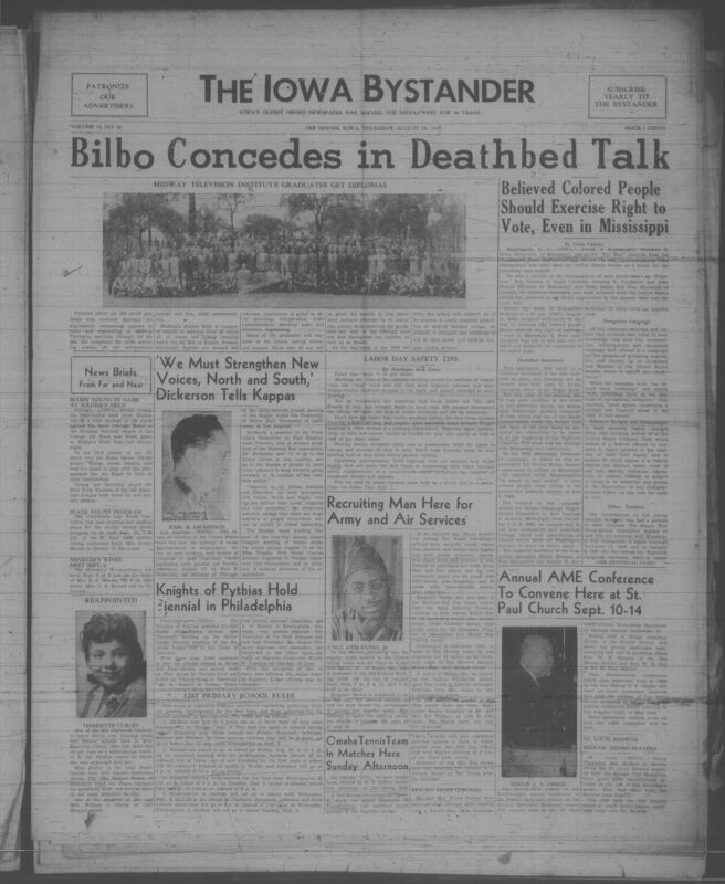 Contents include but are not limited to Bilbo concedes in deathbed talk,  'we must strengthen new voices, north and south,' Dickerson tells Kappas, recruiting man here for army and air services, Knights of Pythias hold biennial in Philadelphia, annual AME conference to convene here at St. Paul church sept. 10-14th, and other topics