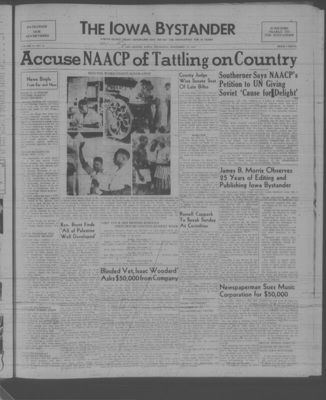 Contents include but are not limited to Major US forces accused of sustaining segregated Negro housing patterns nationwide, Public forum invites journalists to discuss world events and inform citizens, Kansas professor proposes new Jim Crow style theatre segregation reserving seats for whites, NAACP petition to United Nations sparks criticism while Senate race reflects shift away from prejudice, Literacy program in Sierra Leone aims to educate entire population through local language publishing, and other topics. 