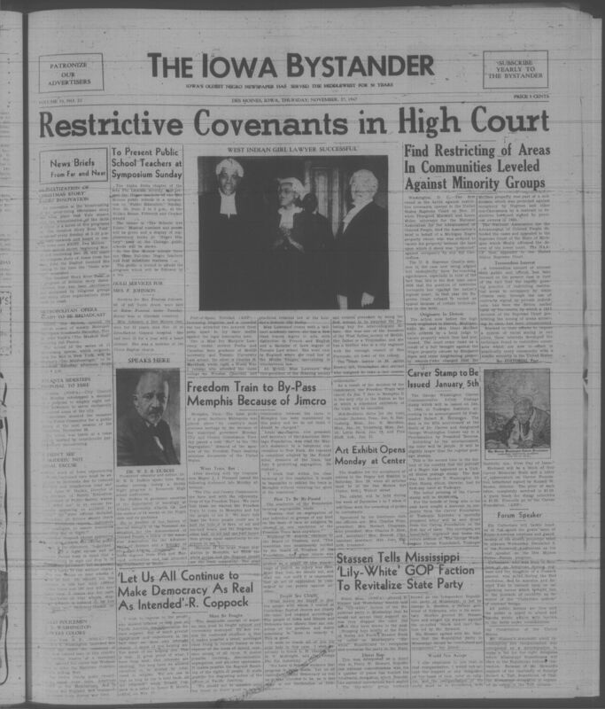 Contents include but are not limited to Supreme Court challenge filed to overturn restrictive housing covenants enforcing segregation, school symposium highlights need for public Black education improvements, broadcast series aims to dramatize and spread the Christmas story nationwide, Memphis officials refuse integrated Freedom Train exhibit leading to controversy, new George Washington Carver postage stamp announced to honor legacy and fund research, and other topics. 