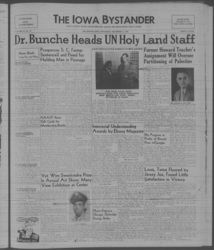 Contents include but are not limited to UN appoints Ralph Bunche to key role to manage Palestine trusteeship work, farmer sentenced for peonage to enforce civil rights law, Wings Over Jordan scholarship promotes preservation of Negro spirituals, Negro officer assigned to Air Force to expand representation, NAACP Christmas drive seeks memberships to fund civil rights work, Ebony honors media improving interracial understanding, Georgia church and school burnings investigated for racial violence, Joe Louis retains title after controversial fight, and other topics.