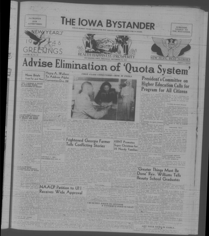 Contents include but are not limited to Wallace to address Alpha convention to promote unity and civil rights progress, Walter White article republished to challenge segregation and explain commitment to racial equality, President commission urges expansion of higher education and removal of quotas to strengthen democracy, Longshore union voter drive boosts registration to increase political participation, Community organizes Christmas aid to support needy families with food and clothing, Report highlights inequities in education access to push reform, and other topics. 