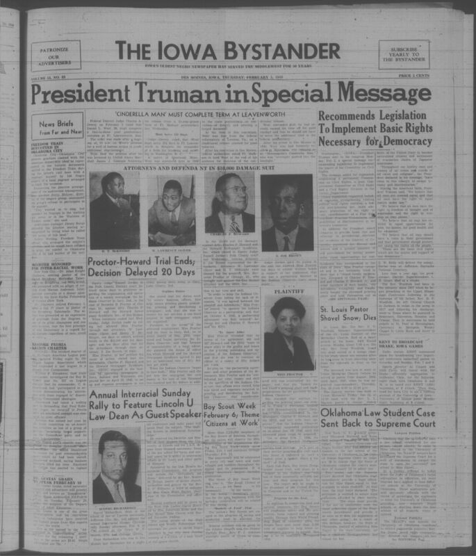 Contents include but are not limited to President Truman urges Congress to pass civil rights laws to protect equality voting rights and end discrimination, NAACP attorneys return to Supreme Court challenging segregation in Oklahoma law school admissions for equal education, Freedom Train boycott protests segregation practices to defend democratic ideals, Proctor Howard trial debates alleged fraud and partnership dispute in newspaper operations, Boy Scout Week promotes citizenship and food relief efforts amid global shortages, and other topics. 