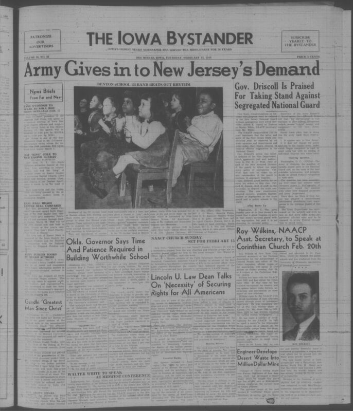 Contents include but are not limited to army gives into New Jersey's demand, Roy Willkins; NAACP assistant secretary; to speak at Corinthian church Feb. 20th, Lincoln U. law dean says time and patience required in building worthwhile school, Gandhi 'greatest man since christ', and other topics
