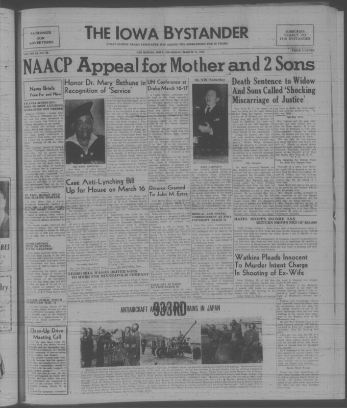 Contents include but are not limited to NAACP appeal for mother and 2 sons, honor Dr. Mary Bethune in recognition of 'service', case anti-lynching bill up for house on march 16, Watkins pleads innocent to murder intent charge in shooting ex-wife, and other topics