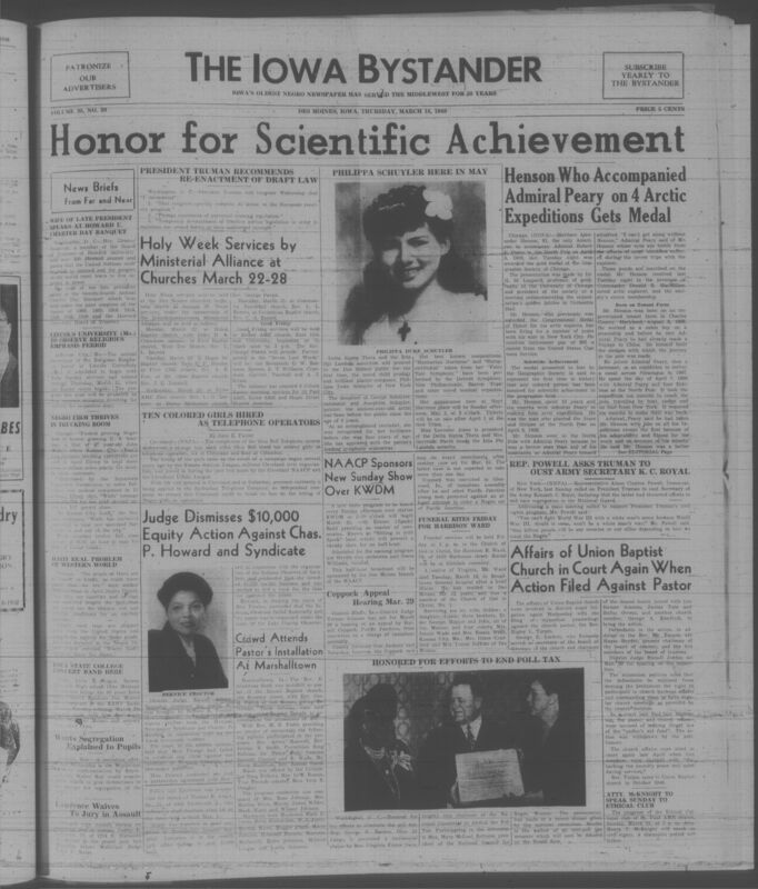 Contents include but are not limited to honor for scientific achievement, holy week services by ministerial alliance at churches march 22-28, NAACP sponsors new sunday show over KWDM, affairs of Union baptist church in court again when action filed against pastor, and other topics