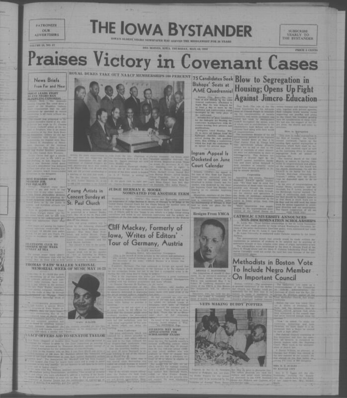Contents include but are not limited to victory in covenant cases, segregation in housing, candidates seek bishops' seats at AME quadrenniel, catholic university announces non-discrimination scholarships, Cliff Mackay writes of editors tour of Germany and Austria, and other topics.