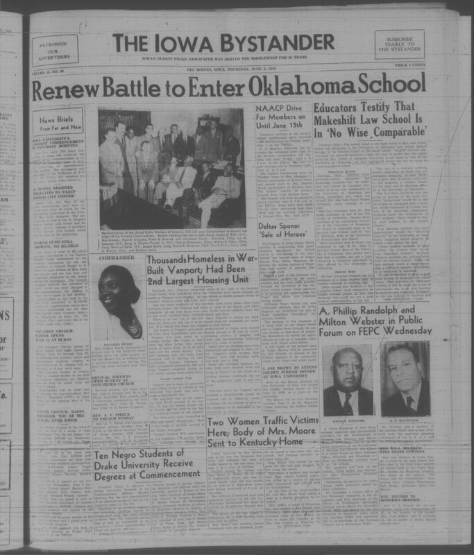 Contents include but are not limited to renew battle to enter Oklahoma school, thousands homeless in war-built vanport; had been 2nd largest housing unit, A Phillip Randolph and Milton Webster in public forum on FEPC Wednesday, two women traffick victims here; body of Mrs. Moore sent to Kentucky home, and other topics.