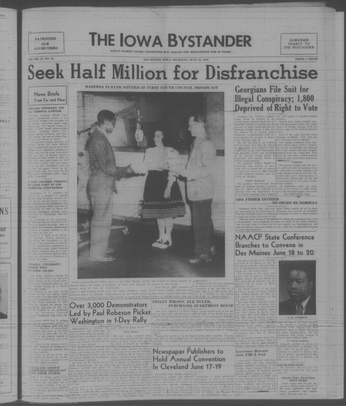 Contents include but are not limited to Georgians file suit for illegal conspiracy; 1,800 deprived of right to vote, NAACP state conference branches to convene in Des Moines June 18 to 20, over 3,000 demonstrators led by Paul Robeson picket Washington in 1-day rally, newspaper publishers to hold annual convention in Cleveland June 17-19, and other topics