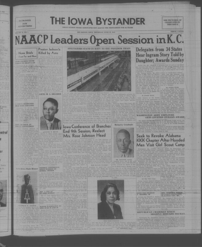 Contents include but are not limited to NAACP conference features Ingram family and awards Spingarn Medal, thousands view historic Freedom Train documents despite rainy weather, Alabama Girl Scout camp reopens after Ku Klux Klan intimidation, Iowa NAACP conference addresses civil rights and reelects Rose Johnson, and other topics.