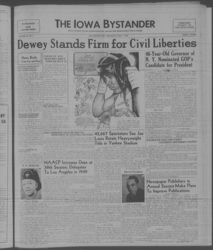 Contents include but are not limited to Governor Thomas Dewey nominated as Republican presidential candidate, A. Philip Randolph denounces weak Republican civil rights plank, Black newspaper publishers meet to improve media standards and leadership, Joe Louis knocks out Jersey Joe Walcott, retaining his heavyweight title, NAACP increases minimum membership fees, and other topics.