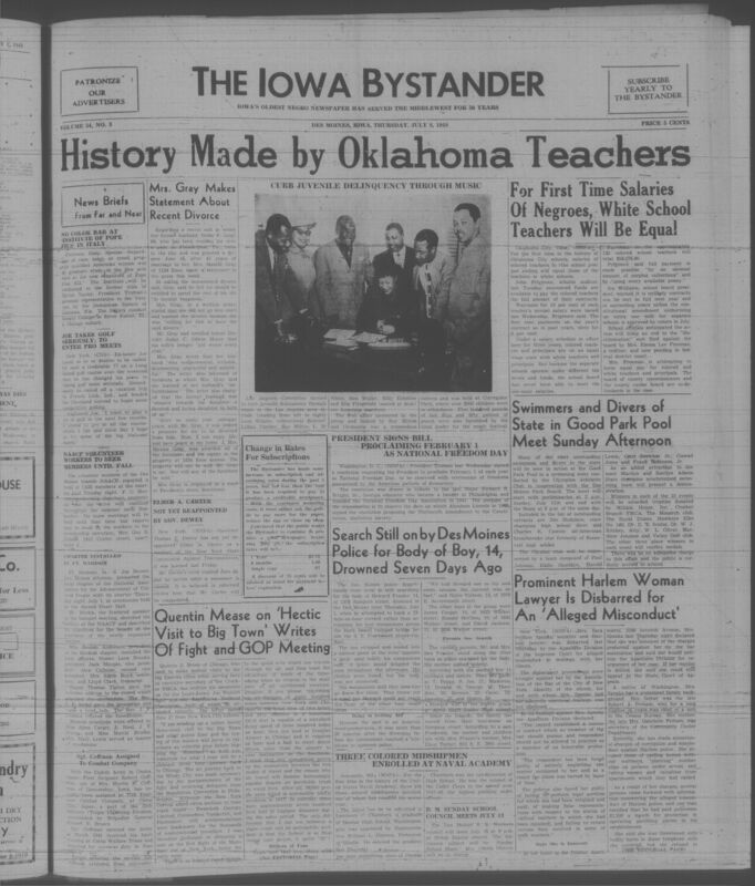 Contents include but are not limited to Oklahoma City achieves historic salary equality for Black and white teachers, Des Moines hosts competitive swimming and diving meet at Good Park, Harlem lawyer Sara Pelham Speaks disbarred amid misconduct allegations and appeals, Des Moines police search for body of drowned teenager, initiative to curb juvenile delinquency through music, and other topics.
