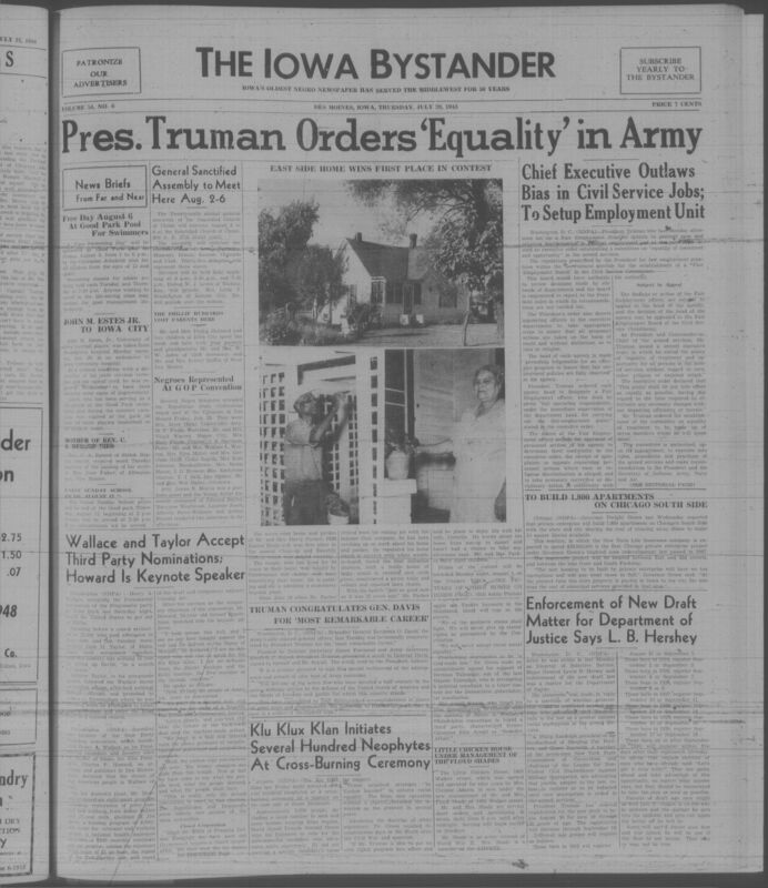 Contents include but are not limited to Truman orders equality in armed services and federal civil service, New York Life to build 1,800 apartments in Chicago, Parkers win first place in home and garden beautification contest, General Hersey announces draft registration schedule and enforcement policies, Ku Klux Klan initiates neophytes, and other topics.