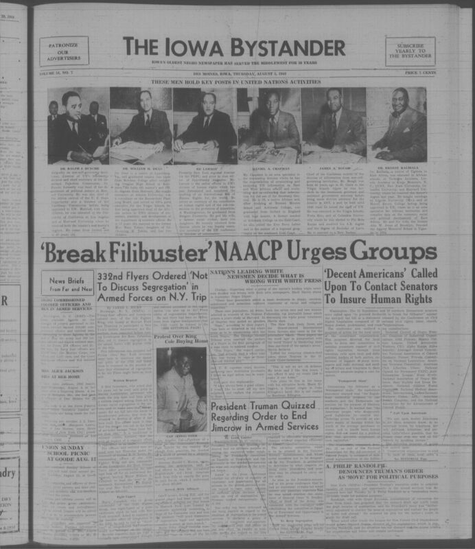 Contents include but are not limited to six Black and African experts lead key United Nations divisions, NAACP calls for cloture to break anti-poll tax filibuster, white journalists admit to racial distortion in mainstream media, Truman confirms executive order seeks end to military segregation, Randolph criticizes Truman's order, continues calling for draft resistance, and other topics.