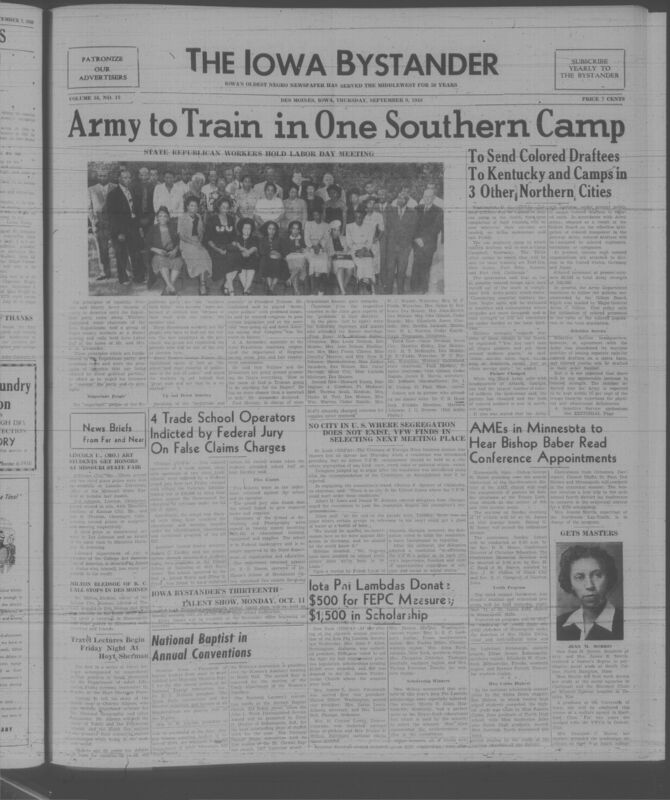 Contents include but are not limited to Army assigns colored draftees to segregated units but plans broader deployment after training, VFW debates refusing conventions in segregated cities exposing nationwide segregation, Federal jury indicts operators for charging veterans for training without providing promised education, Republican leaders campaign for Black voter support while criticizing Democrats over civil rights promises, Lincoln University students win honors at Missouri State Fair highlighting academic achievement, and other topics. 