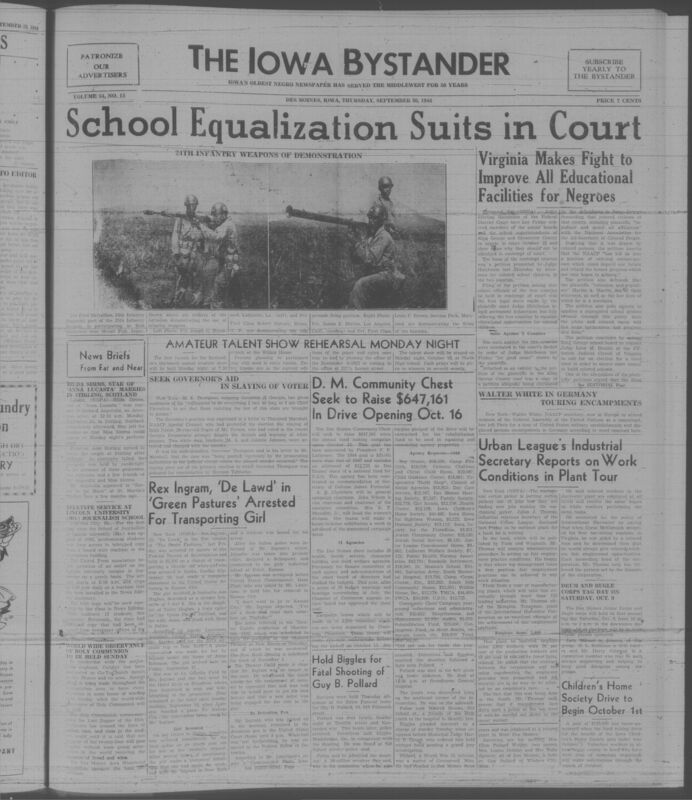 Contents include but are not limited to Virginia school officials face contempt over Black school equalization delays, National Urban League official reports on fair employment and mechanization, Des Moines Community Chest sets $647,161 fundraising goal for 1948, 24th Infantry soldiers demonstrate weapons at Mount Fuji, Japan, actor Rex Ingram arrested for transporting a minor across state, and other topics.