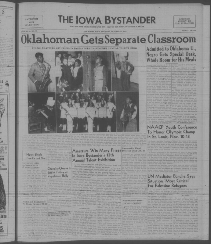 Contents include but are not limited to young amateur performers win prizes in Bystander's 13th annual talent show, Oklahoman Black student segregated from white students and assigned a special desk and whole room for meals, NAACP Youth Conference to honor 1948 Olympic women's high jump champion,  UN Mediator says situation is 'most critical' for Palestine refugees, Chandler Owens, noted orator, to speak at Republican Rally, and other topics.
