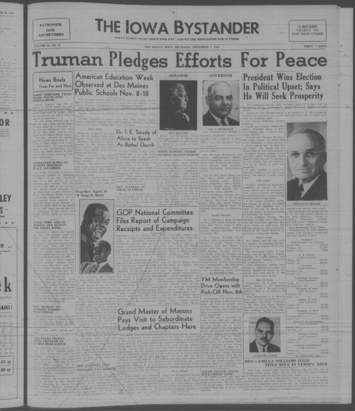 Contents include but are not limited to Truman pledges effort for peace, American education week observed at Des Moines Public Schools Nov. 8-18, GOP national committee files report of campaign receipts and expenditures, grand master of masons pays visit to subordinate lodges and chapters here, and other topics