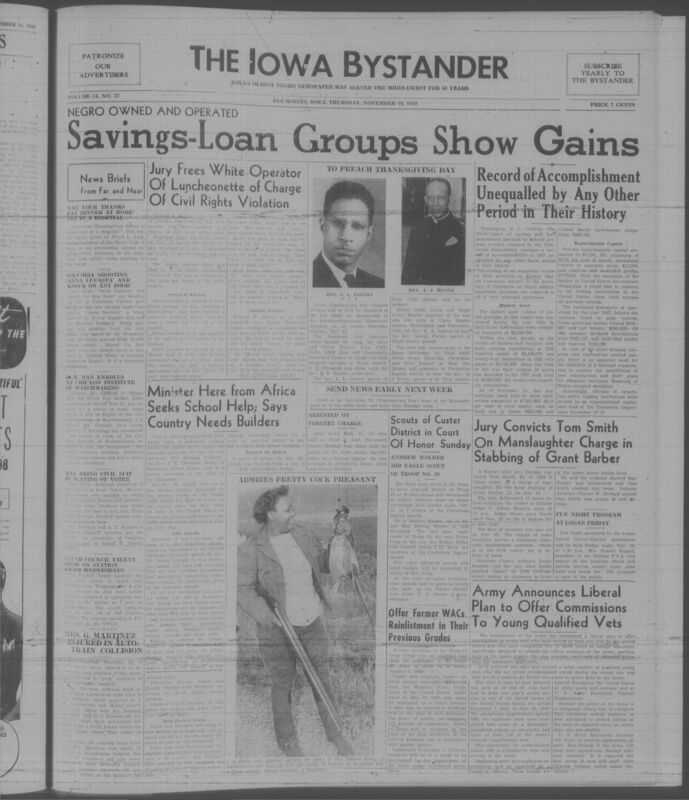 Contents include but are not limited to savings-loan groups show gains, jury frees white operator of luncheonette of charge of civil rights violation, minister here from Africa seeks school help; says country needs builders, jury convicts Tom Smith on manslaughter charge in stabbing of Grant Barber, and other topics