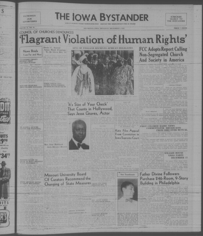 Contents include but are not limited to 'flagrant violation of human rights', 'it's size of your check' that counts in Hollywood says Jesse Graves, Katz files appeal from conviction in Iowa supreme court, first colored radio news commentator broadcasts from Ohio over mutual, and other topics