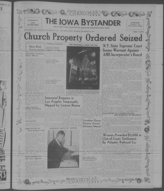 Contents include but are not limited to church property ordered seized, interracial romance in Los Angeles temporarily nipped by License Bureau, woman awarded $3,000 in out-of-court settlement by atlantic railroad co., Corinthian chorus presents annual christmas musical, and other topics