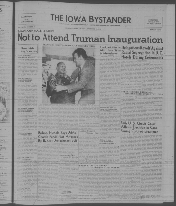 Contents include but are not limited to Tammany hall leaders not to attend Truman inauguration, three colored physicians appointed instructors at St. Louis, fifth U.S. circuit court affirms decision in case barring colored breakmen, bishop Nichols says AME church funds not affected by recent attachment suit, and other topics